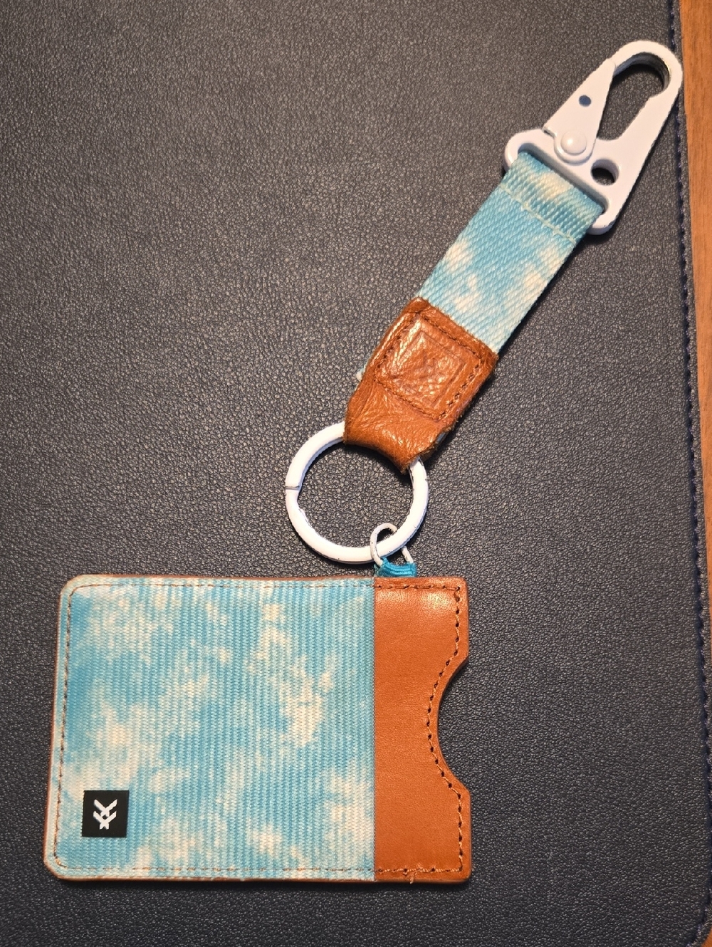 Thread Vertical Wallet Card Holder Key Ring Clip Teal Green Haze and Tan